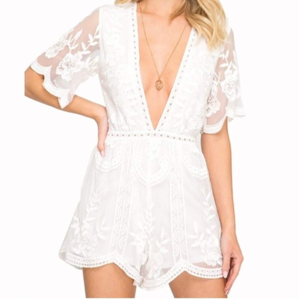 White Floral Lace Romper- LF